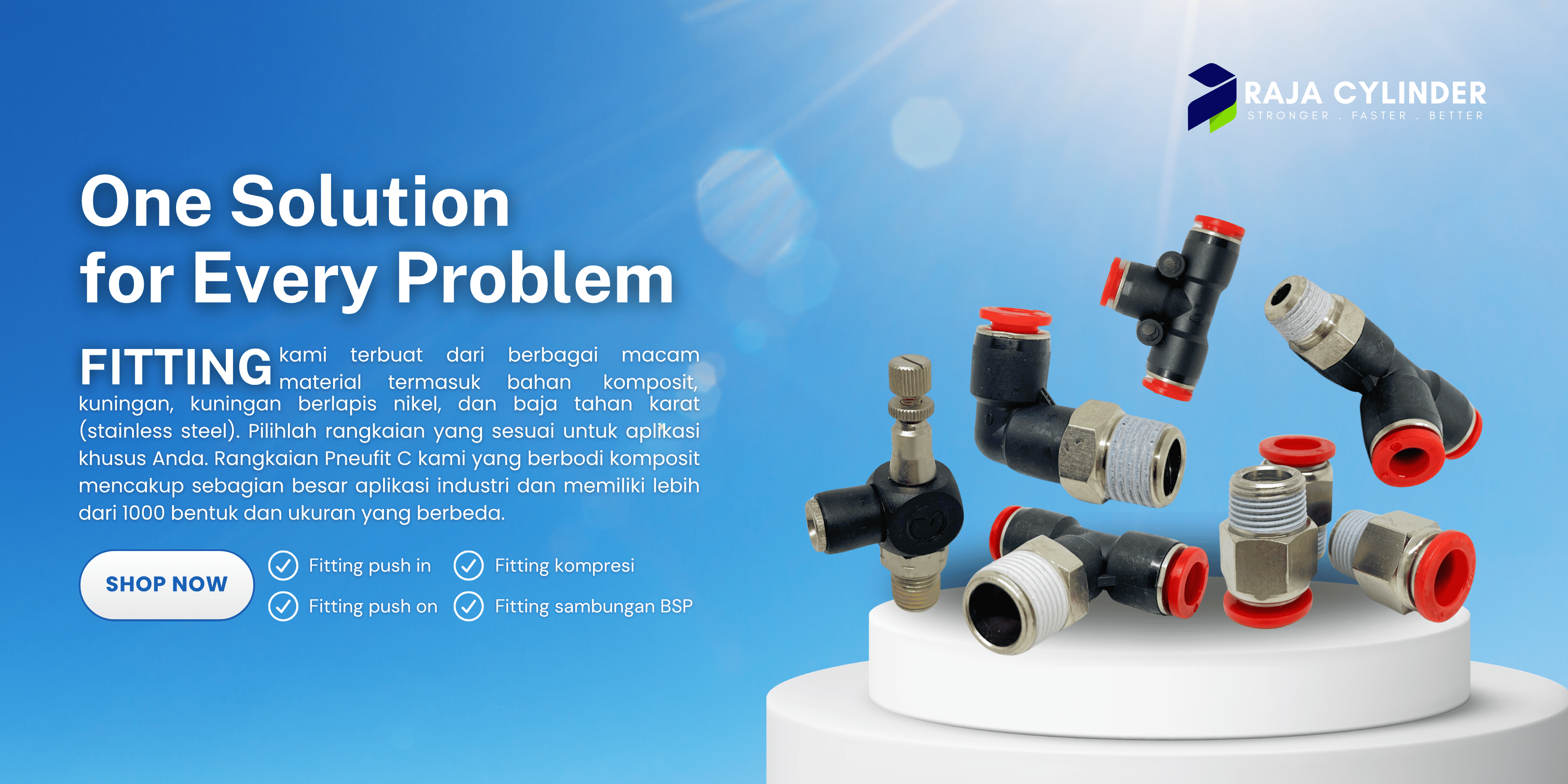 Banner pneumatic fitting dan connector seperti push in fitting, elbow, tee untuk sistem udara semua brand original