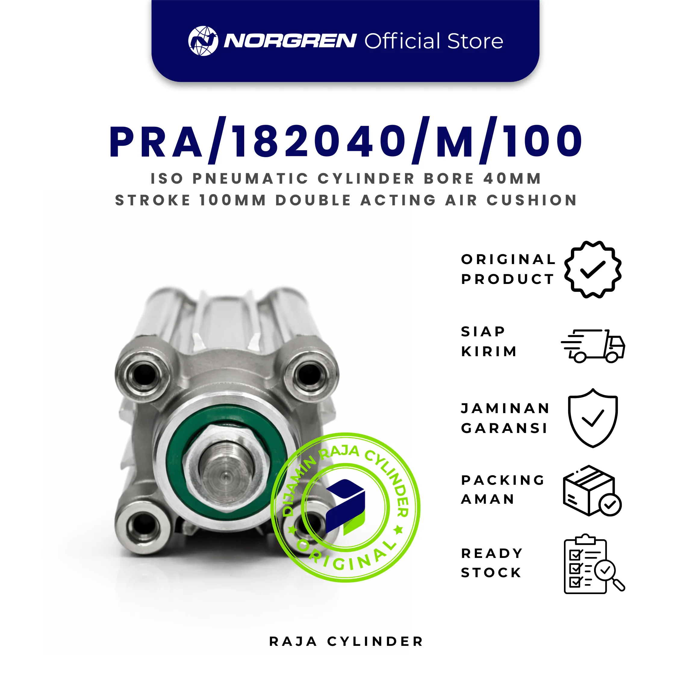 NORGREN PRA/182040/M/100 ISO Pneumatic Cylinder Original Double Acting Air Cushion Bore 40mm Stroke 100mm with magnet - Norgren | Raja Cylinder