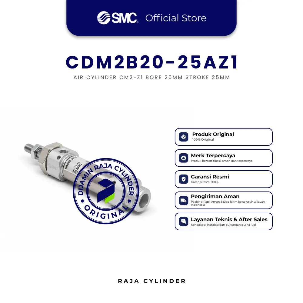 SMC CDM2B20-25AZ1 Pneumatic Air Cylinder CM2-Z1 Bore 20mm Stroke 25mm Original - Gambar 3