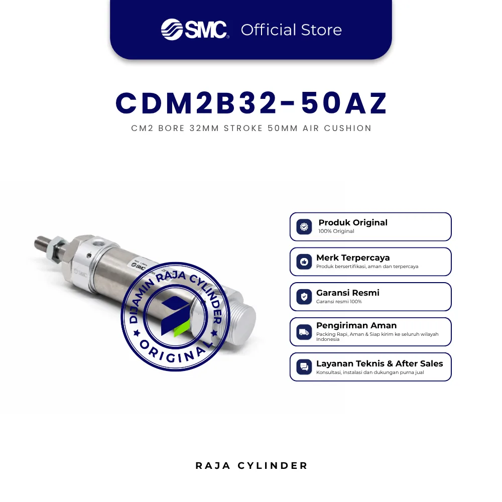 SMC CDM2B32-50AZ Pneumatic Air Cylinder CM2 Bore 32mm Stroke 50mm Air Cushion Original - Gambar 3