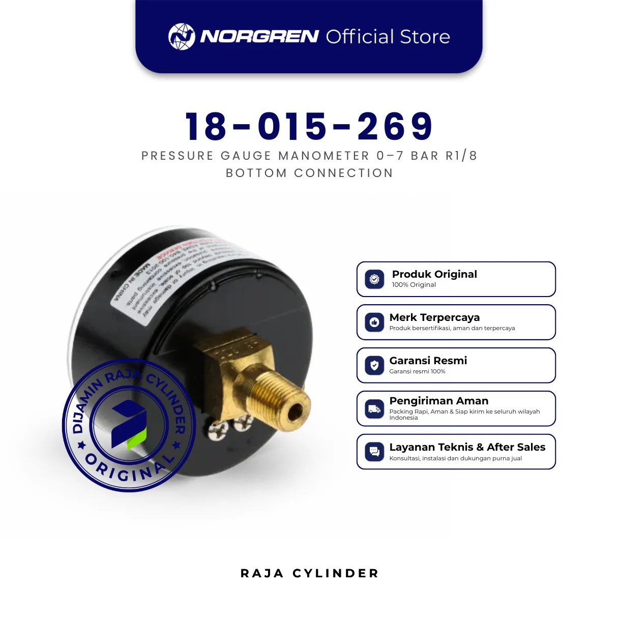 NORGREN 18-015-269 Pressure Gauge Manometer 0–7 Bar R1/8 Bottom Connection Original IMI Norgren - Gambar 2