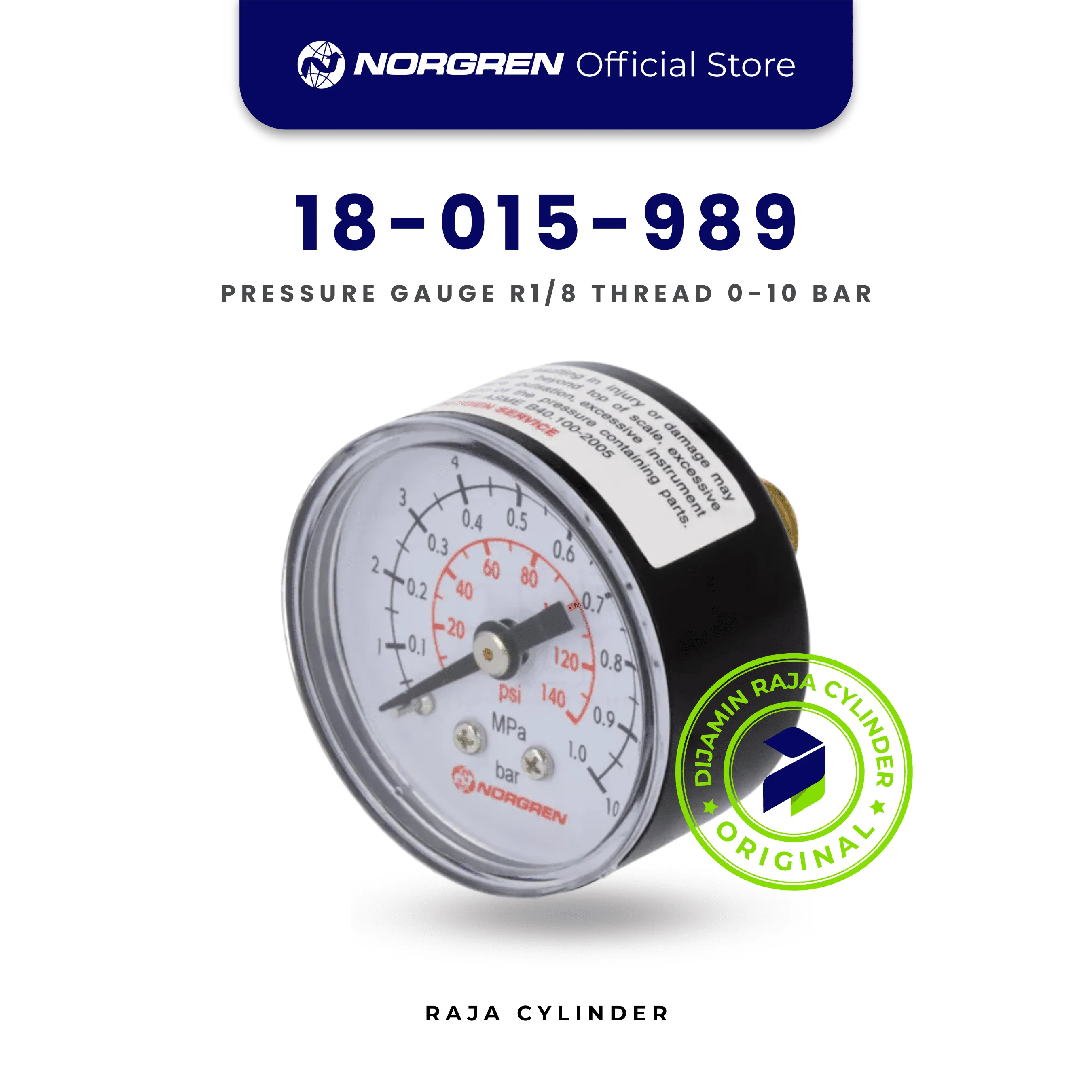 18-015-989 Pressure Gauge 0-10 Bar R1/8 | Manometer Udara Pneumatic Norgren - Norgren | Raja Cylinder