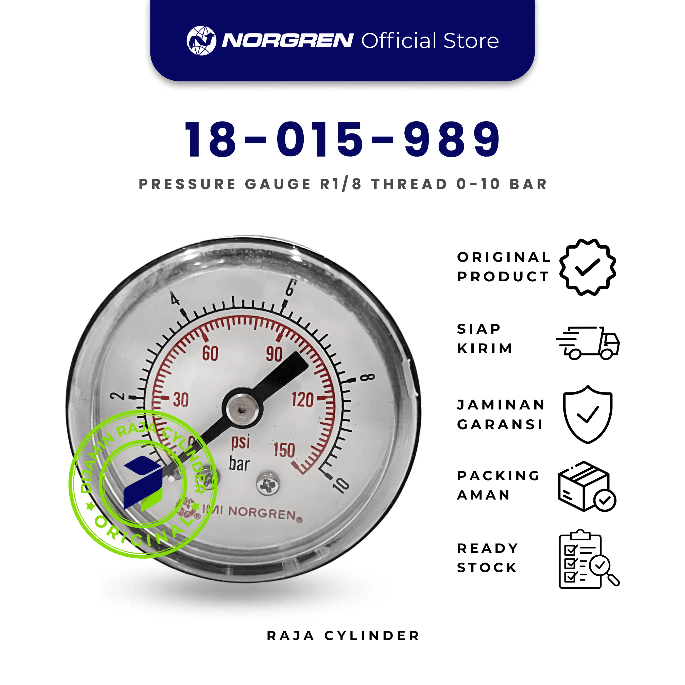 18-015-989 Pressure Gauge 0-10 Bar R1/8 | Manometer Udara Pneumatic Norgren - Gambar 2