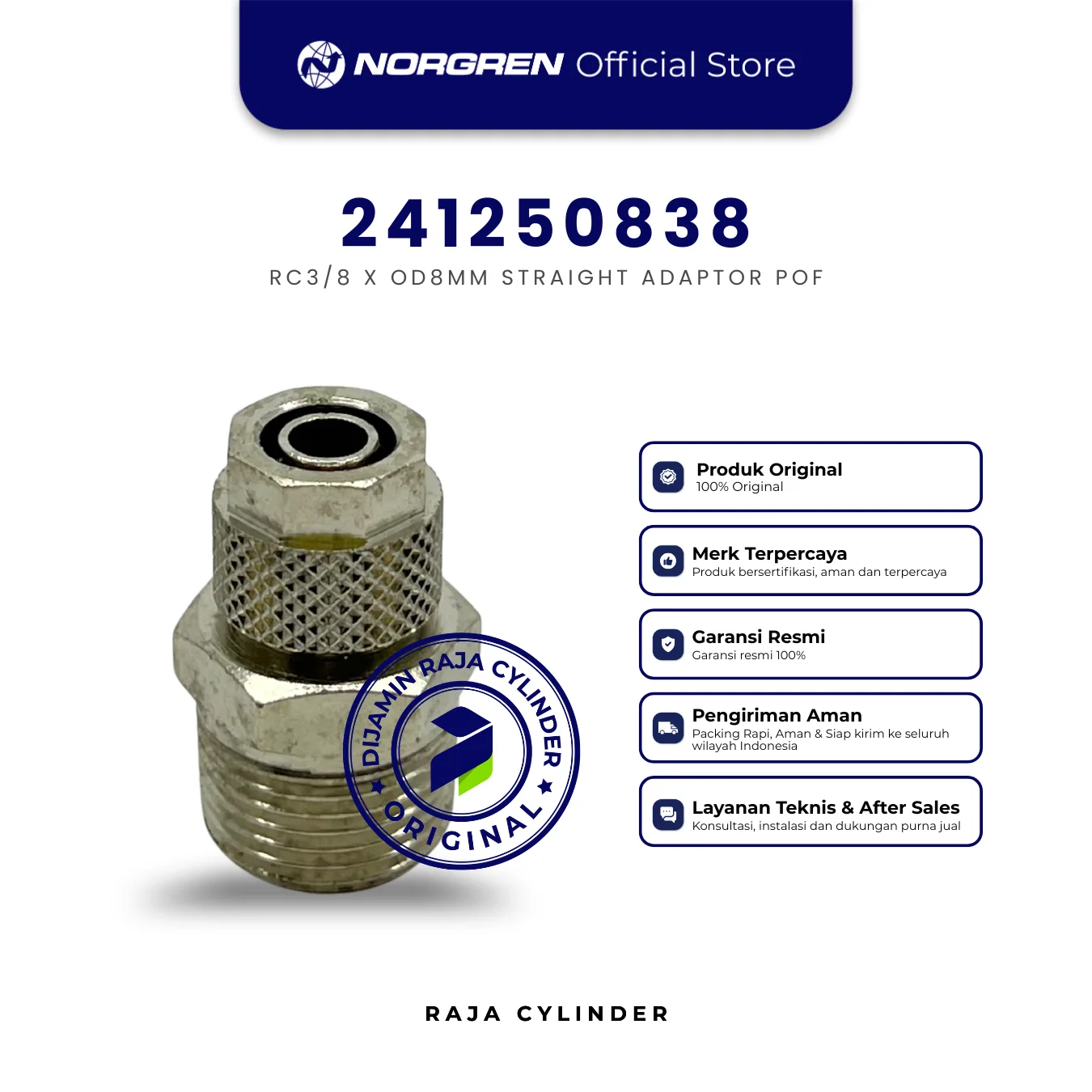 NORGREN 241250838 - 24 series, Straight Adaptor R3/8 ke 8mm/6mm, Push-in Fitting Original - Gambar 3