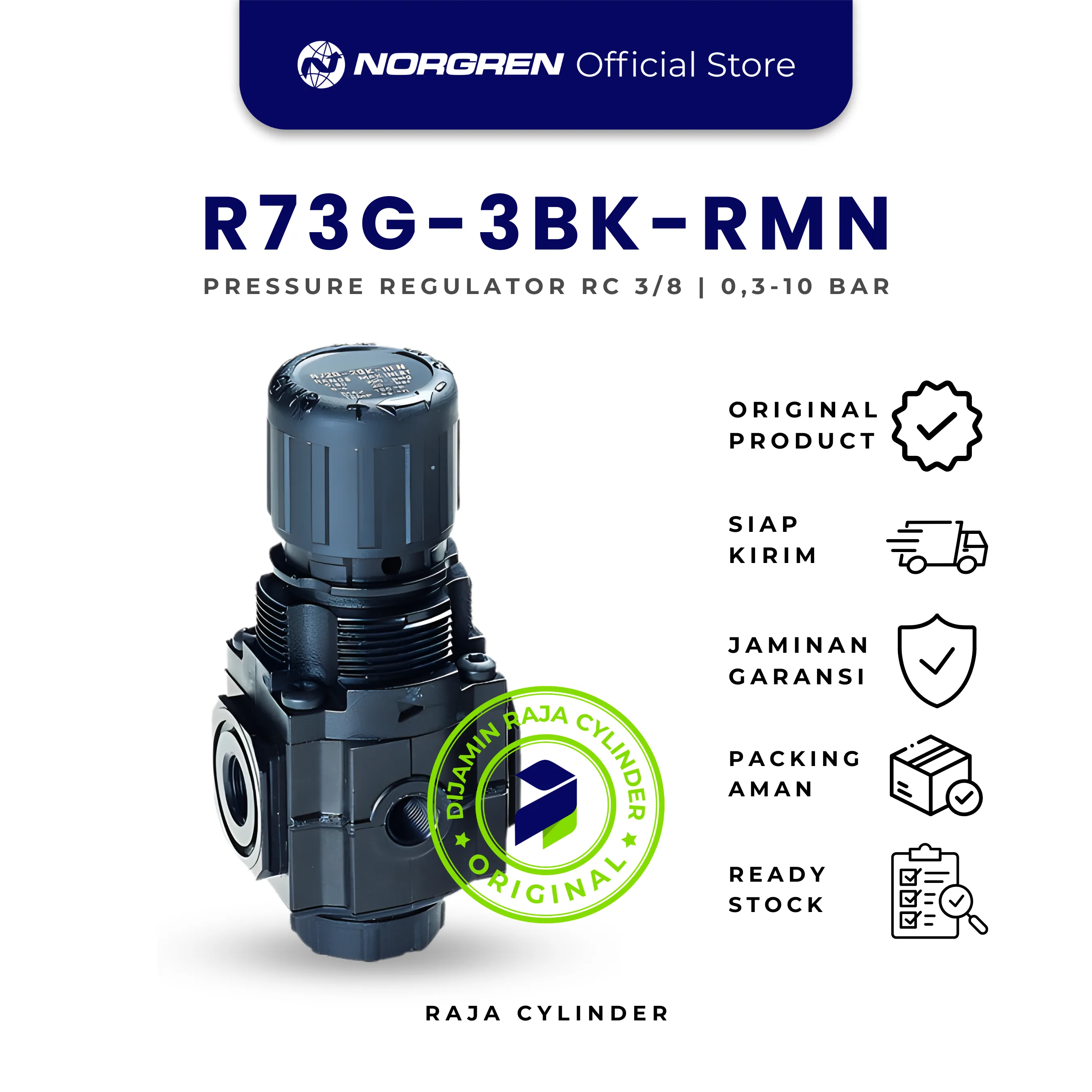 NORGREN R73G-3BK-RMN Pressure Regulator Penumatic RC 3/8, 0.3 - 10 bar, tanpa Gauge - Excelon series Original