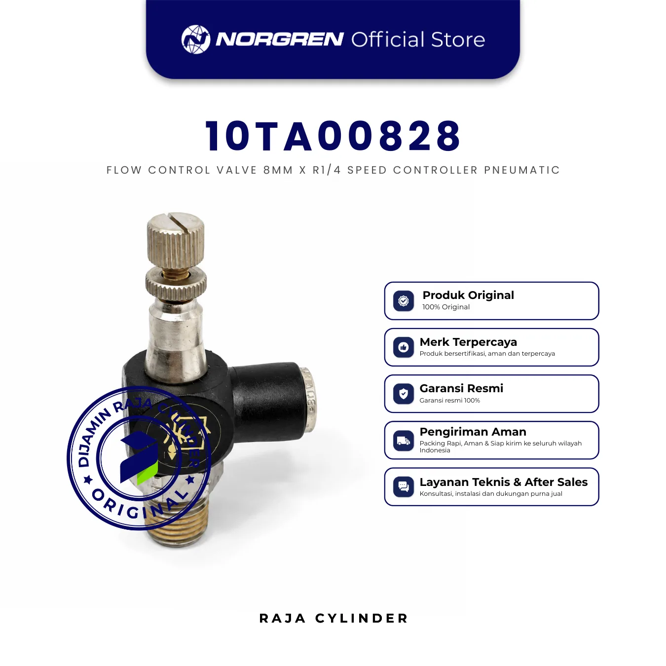 NORGREN 10TA00828 Pneufit 10 Push-in Fitting, Flow Control Valve / Speed controller 8mm x R1/4 Norgren Original - Norgren | Raja Cylinder