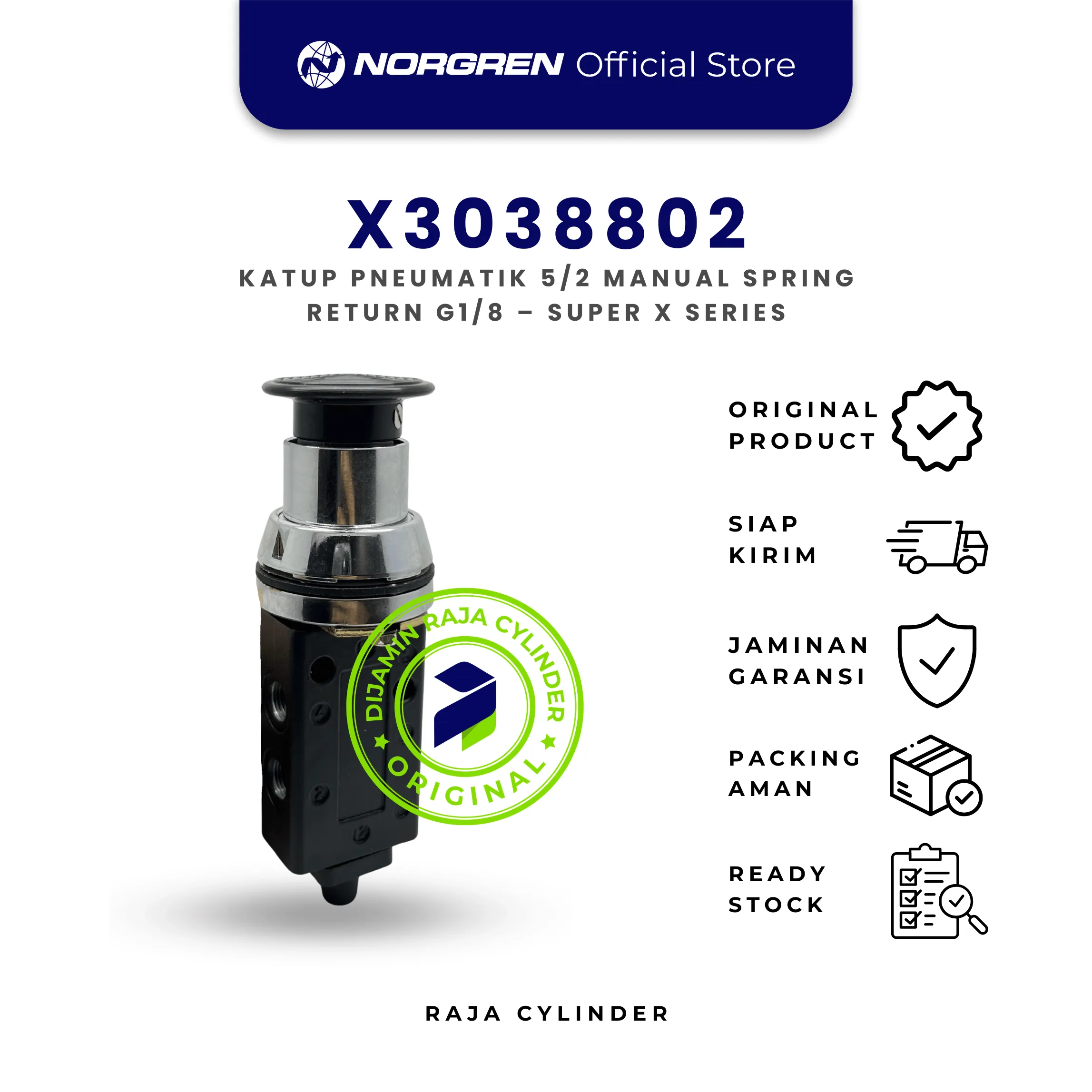 X3038802 5/2 Way Pneumatic Valve G1/8 Push Button Spring Return | Manual Valve Norgren - Gambar 2