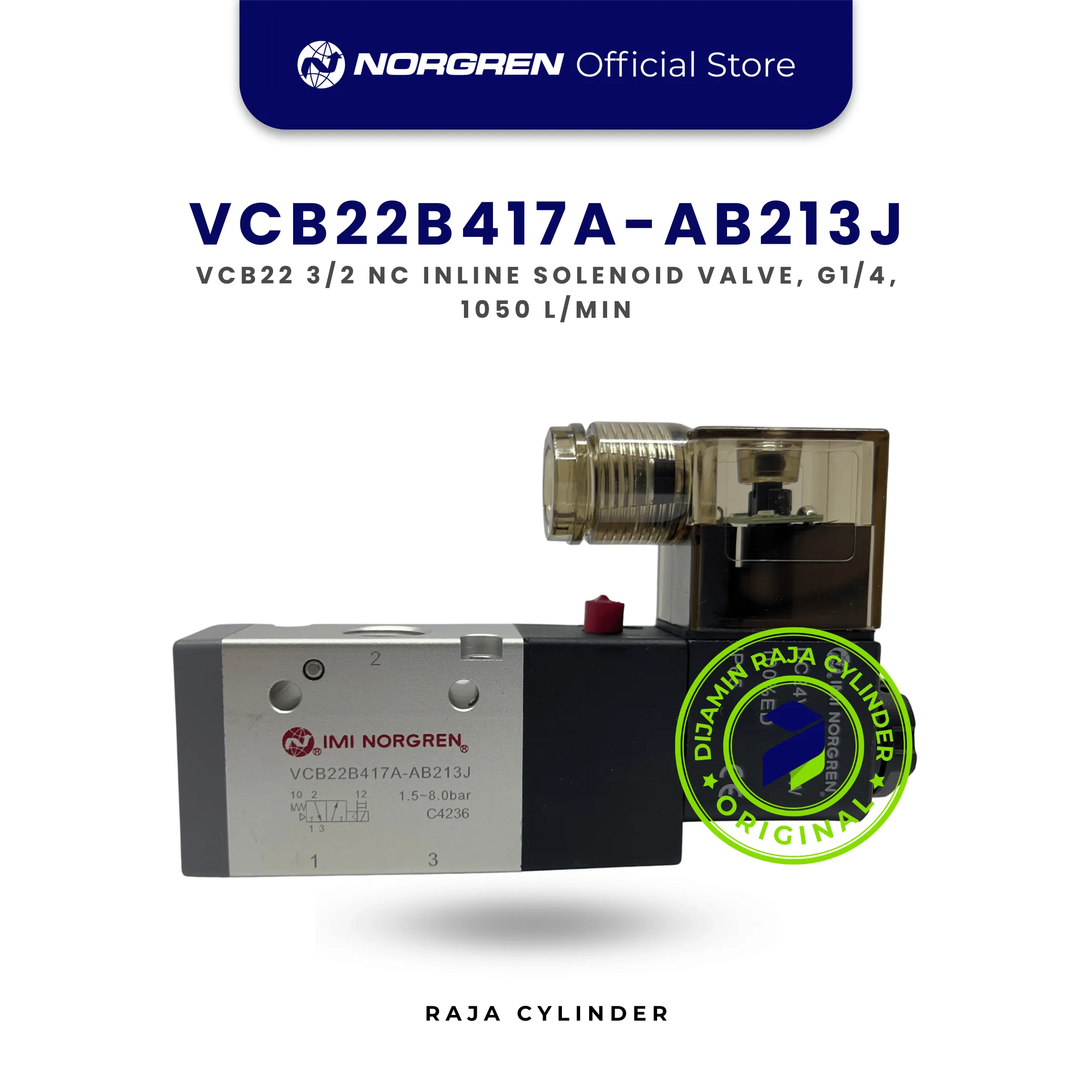 Norgren VCB22B417A-AB213J Solenoid Valve 3/2 NC G1/4 24VDC 1050 L/min Inline | Katup Pneumatik VCB22 Original
