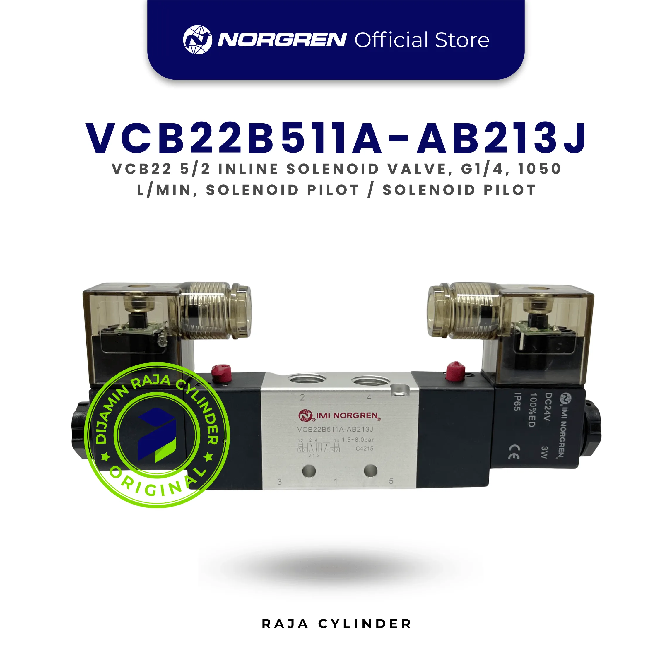 Norgren VCB22B511A-AB213J Solenoid Valve 5/2 G1/4 24VDC 1050 L/min Inline | Katup Pneumatik VCB22 Original