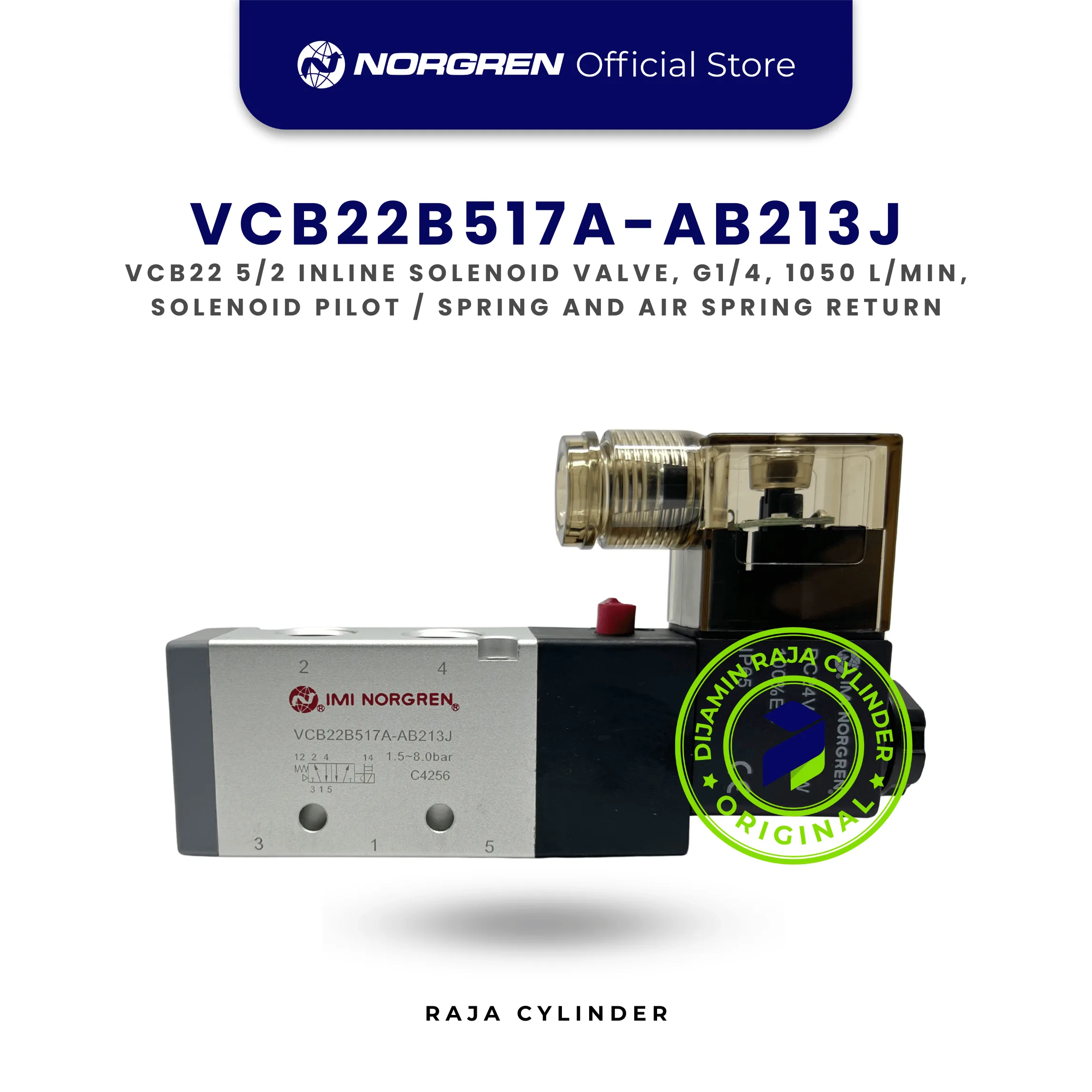 Norgren VCB22B517A-AB213J Solenoid Valve 5/2 G1/4 24VDC 1050 L/min Inline | Katup Pneumatik VCB22 Original