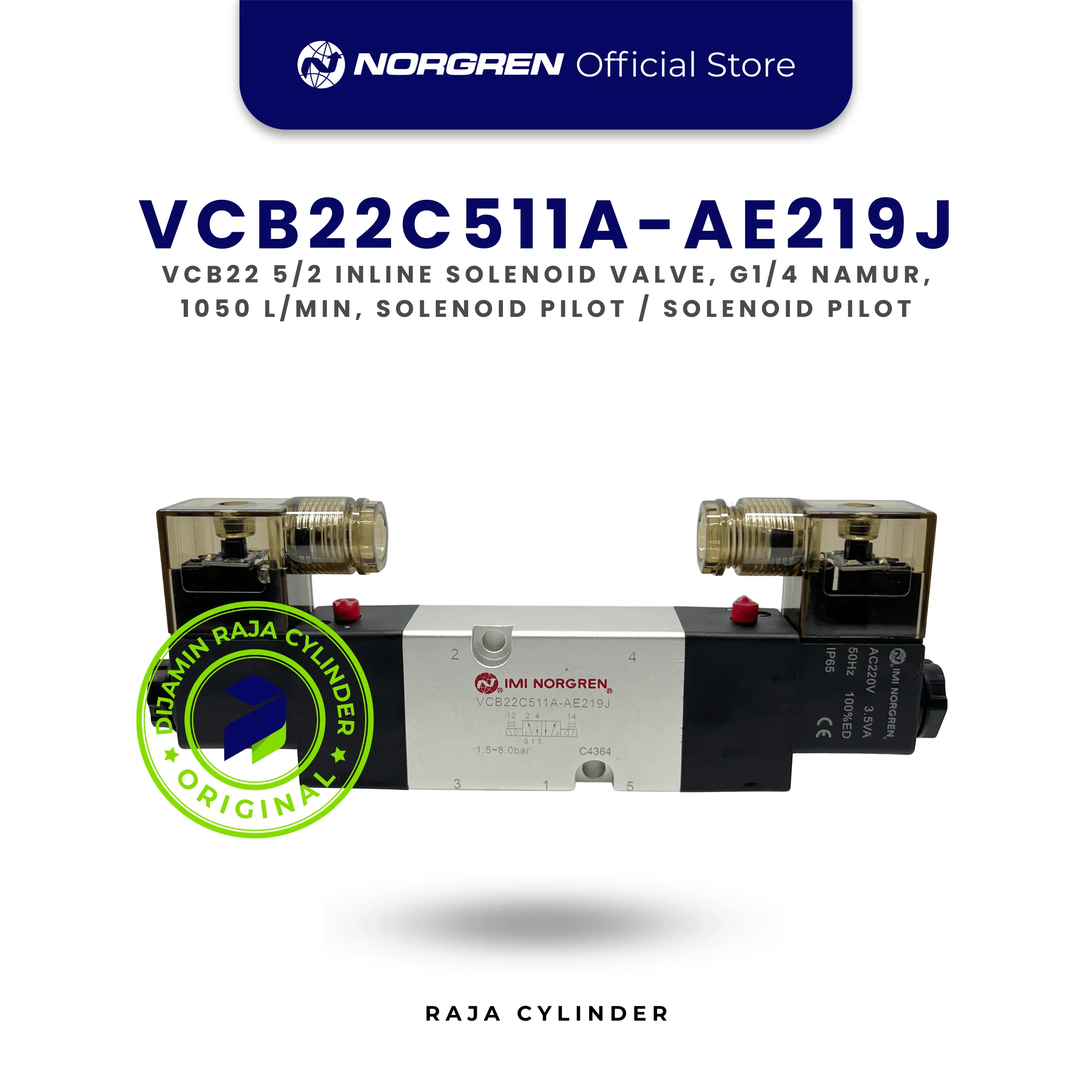 Norgren VCB22C511A-AE219J Solenoid Valve 5/2 G1/4 24VDC 1050 L/min Inline | Katup Pneumatik VCB22 Original